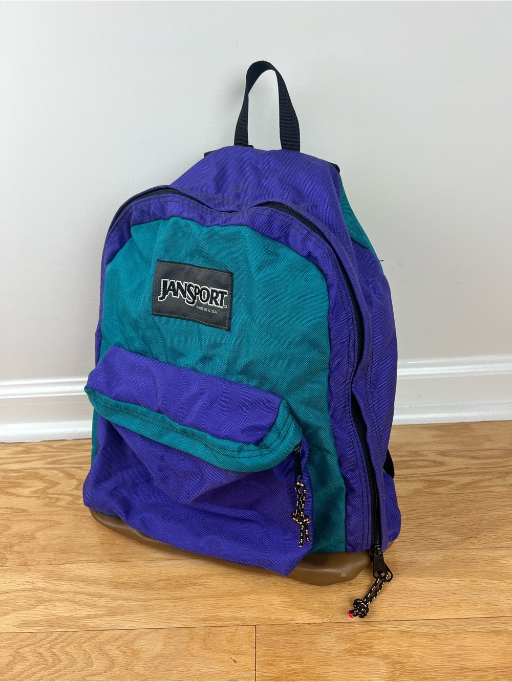 Vintage 90s JanSport Made in USA Teal Purple Colorblock Leather Bottom Backpack